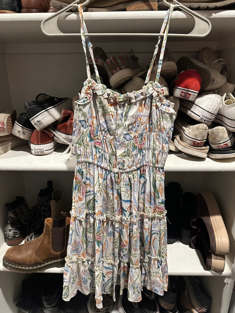 Angie White Floral Tiered Mini Dress with Multicolor Print